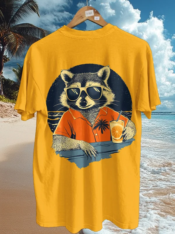 Men's Vacation Raccoon Drinks Juice Print Cotton Casual T-Shirt