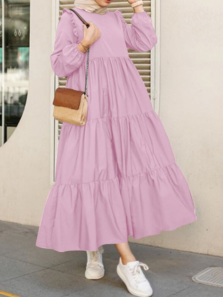 Solid Color Layered Long Sleeve Pleated Dress