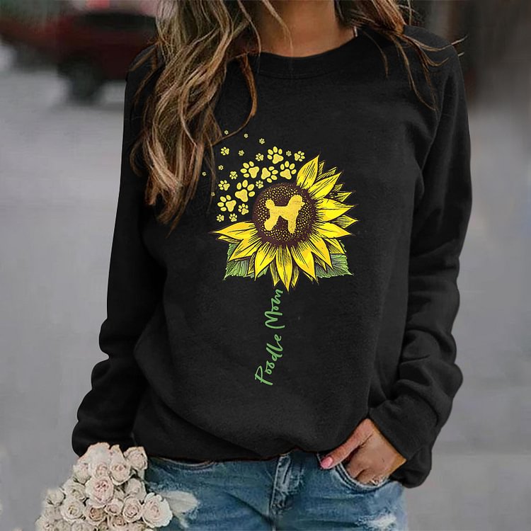 Vefave Sunflower Dog Print Crew Neck Casual Sweatshirt