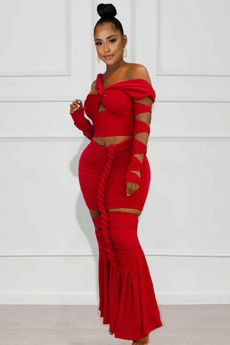 Cutout Long Sleeve Ruched Bodycon Knit One Shoulder Maxi Dresses-Red