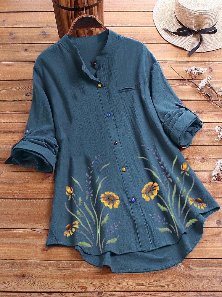 Colorful Button Flower Print Long Sleeve Shirt For Women P1609926