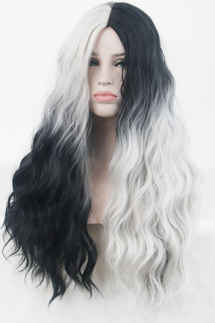 Gothic Black White Halloween Long Curly Hair Big Waves Wigs