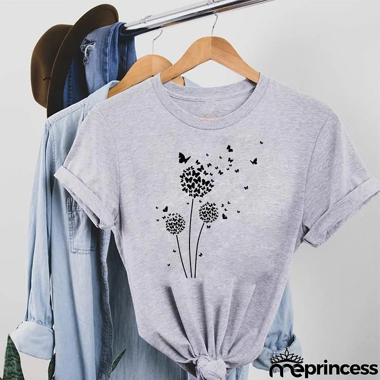 Women Fashion Cartoon Butterfly Flower Print Round Neck Short Sleeve T-Shirt