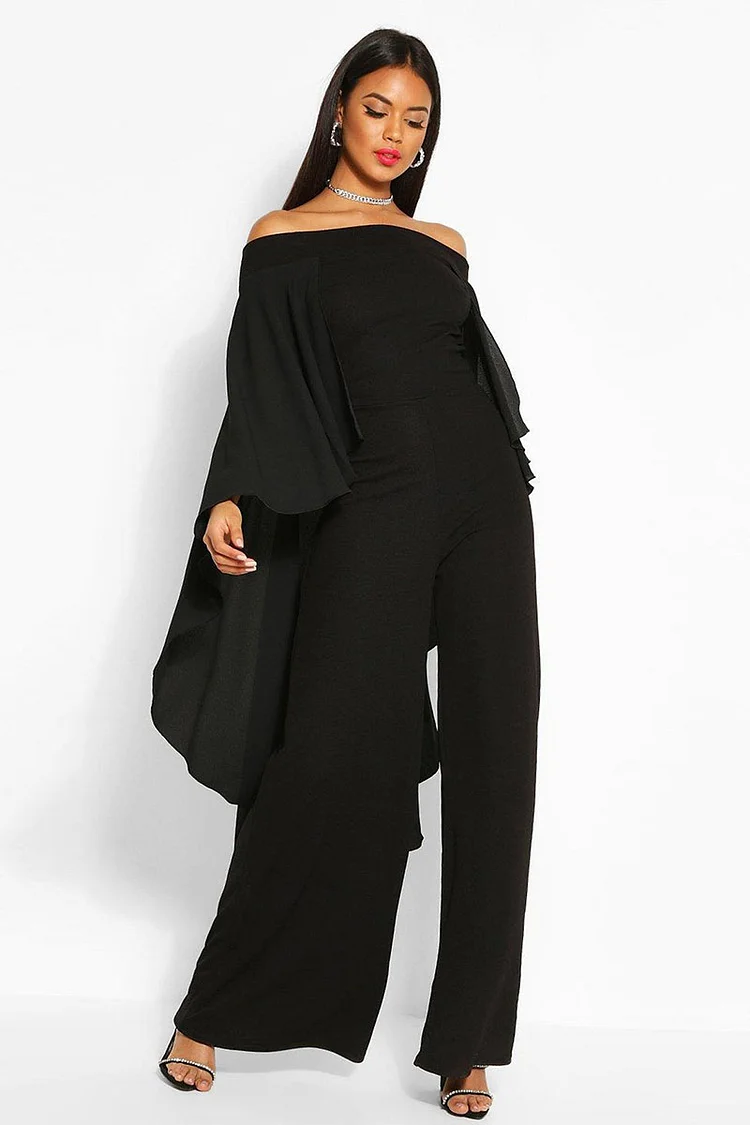 Chiffon Off Shoulder Asymmetric Caped Sleeve Wide Leg White Jumpsuit