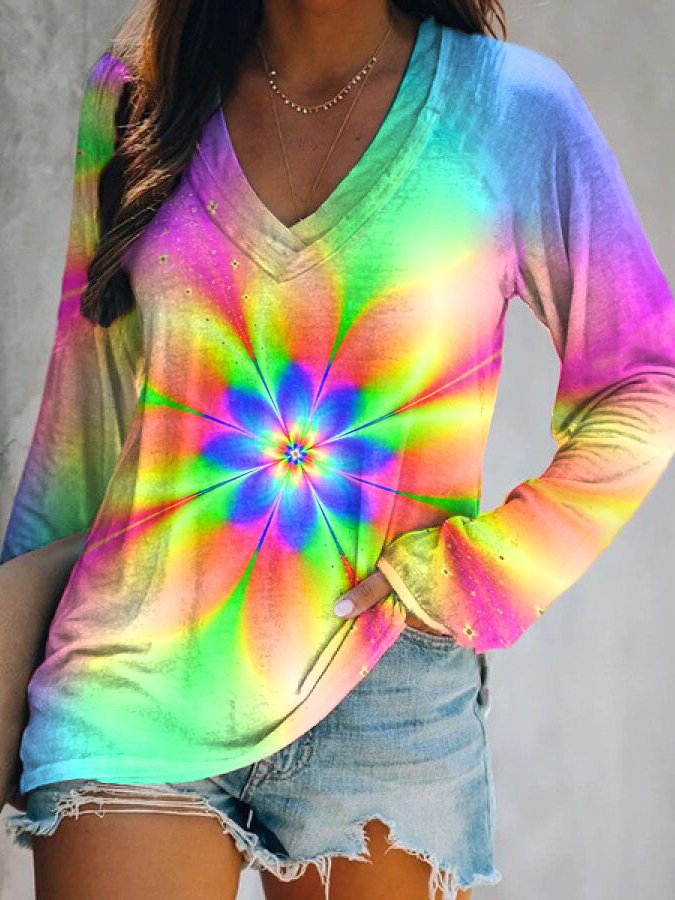 Beautiful Gradient Floral Print V-neck Long Sleeves Tee