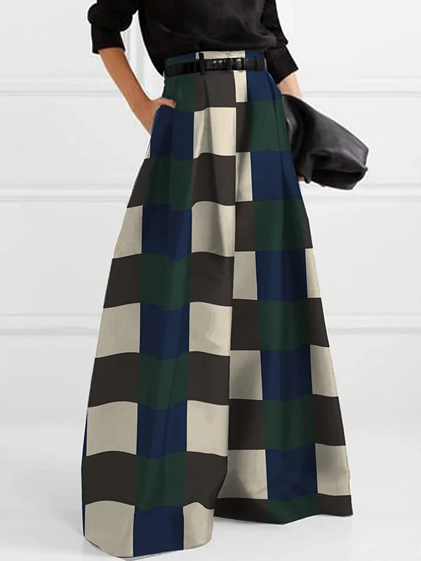 High Waisted Loose Checkerboard Contrast Color Pleated Wide Leg Pants Trousers