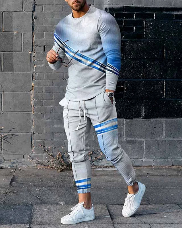 Suitmens Men's color block printing sports long-sleeved trousers set 322