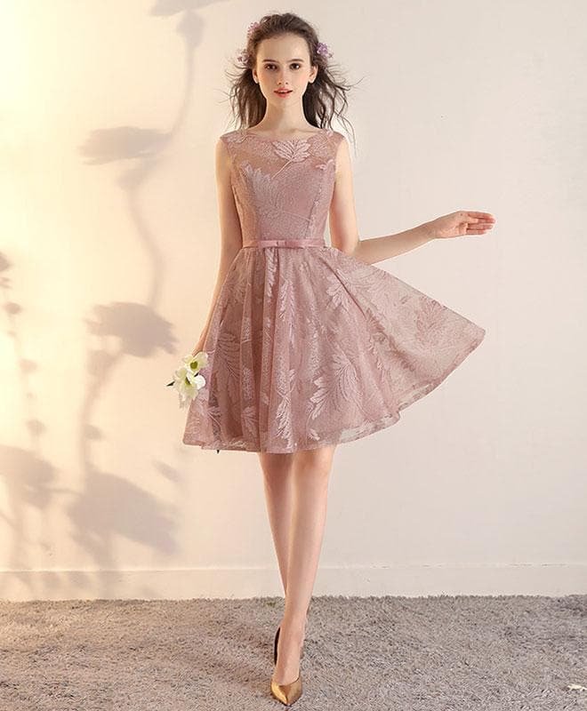 Pink Lace Short Prom Dress, Pink Short Bridesmaid Dress