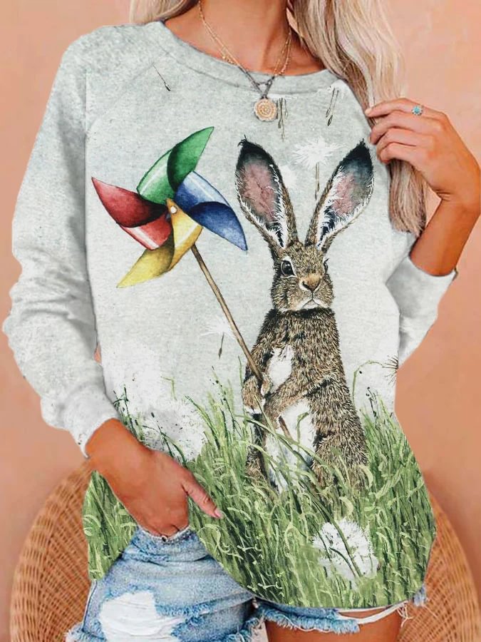 Comstylish Women's Easter Bunny Watercolor Print Sweatshirt