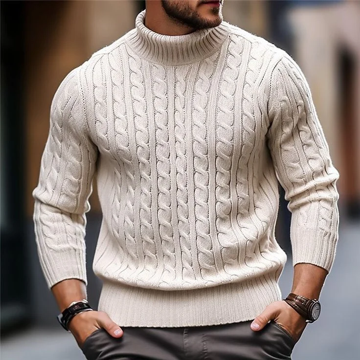 Men'S Retro Jacquard Knitted Art High Neck Cozy Knit Sweater