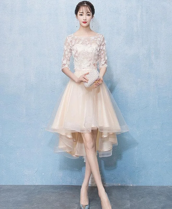 Light Champagne Tulle Lace High Low Prom Dress Lace Homecoming Dress