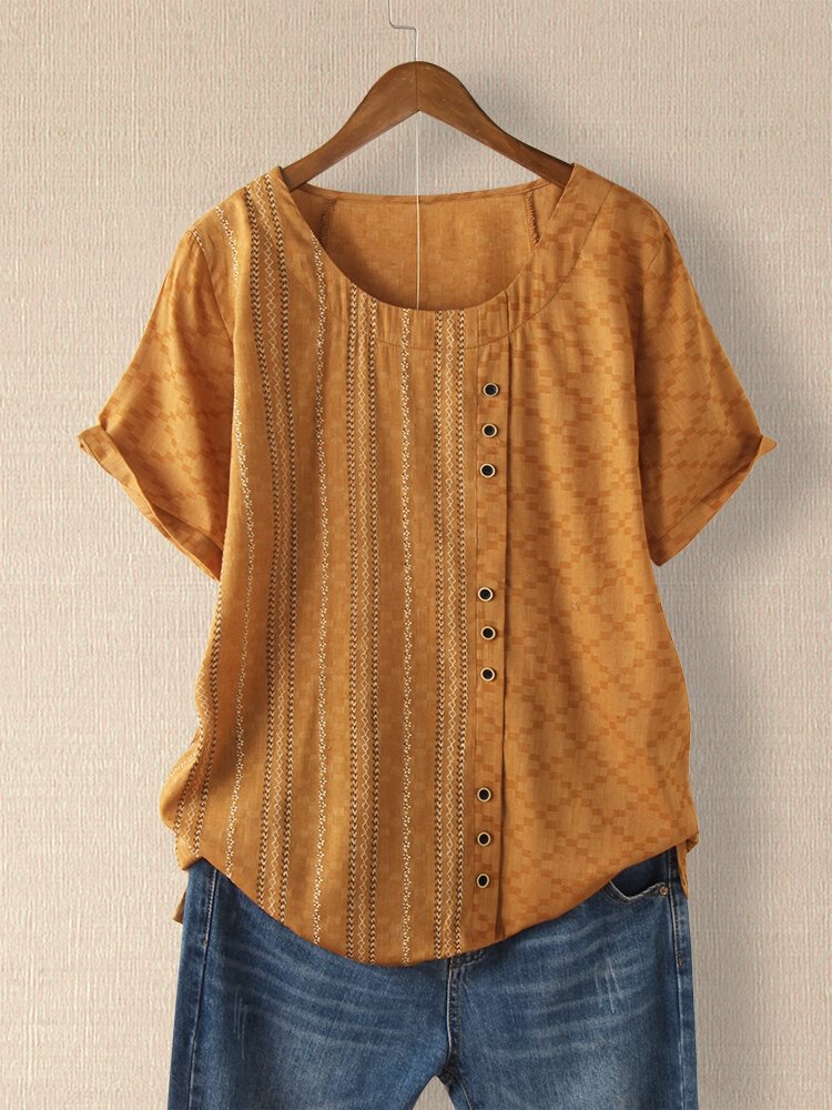 Striped Embroidery O neck Button T shirt For Women P1673956