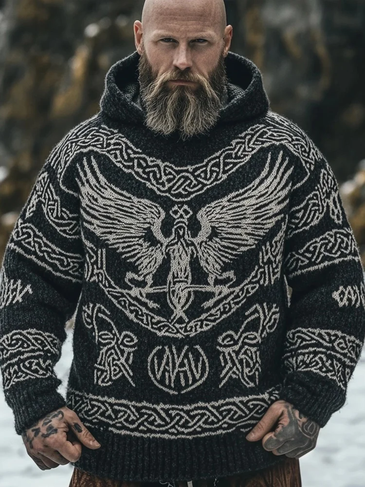 Men's Viking Raven Celtic Jacquard Cozy Hooded Sweater