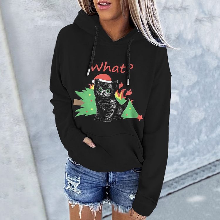 Vefave Casual What Christmas Cat Print Hoodie