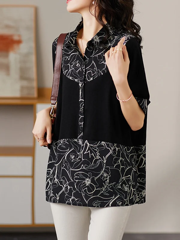 Artistic Retro Floral Stamped Split-Joint Buttoned Lapel Collar Half Sleeves Blouse
