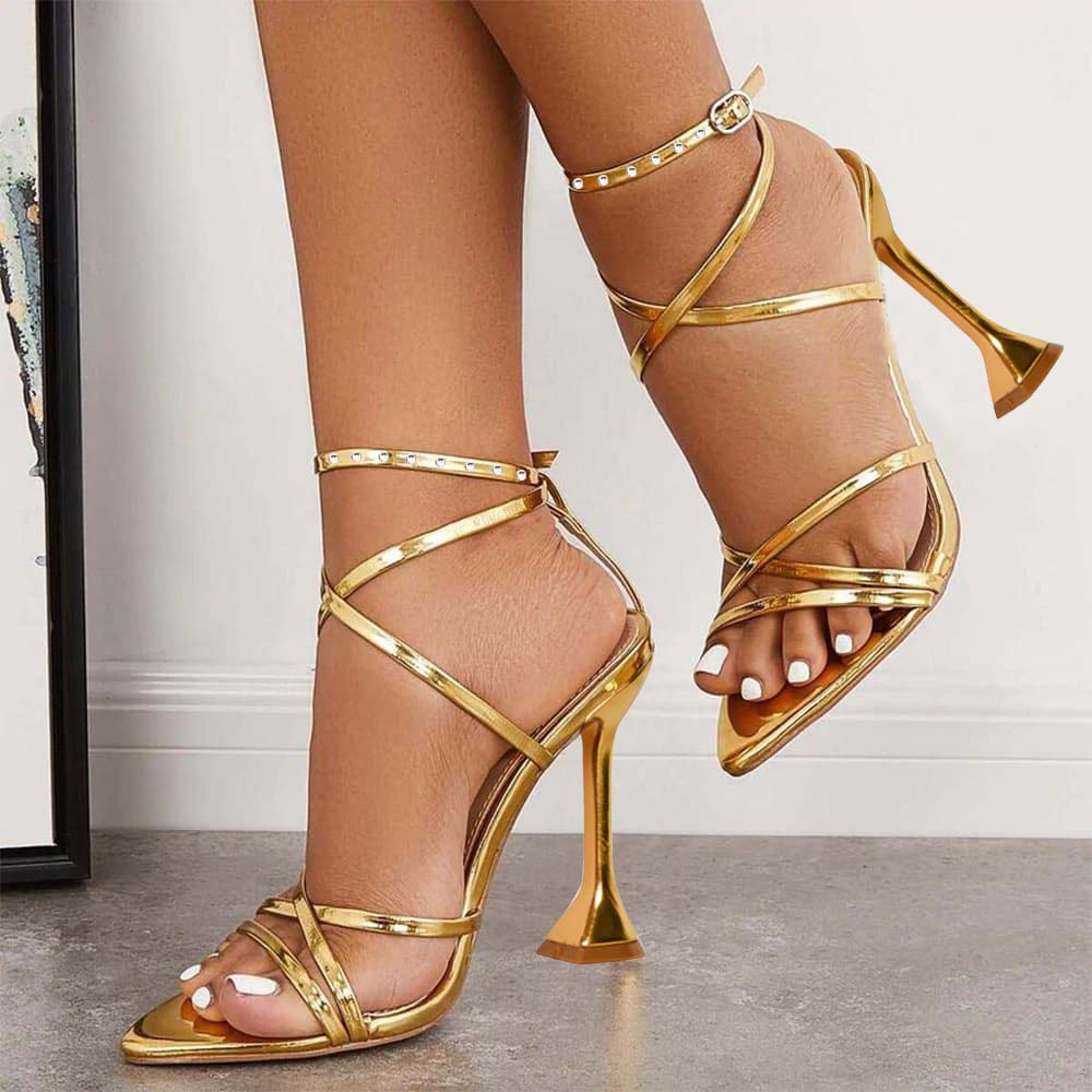 Golden Ankle Strap Sandals Strappy Flared Heels Prom Shoes