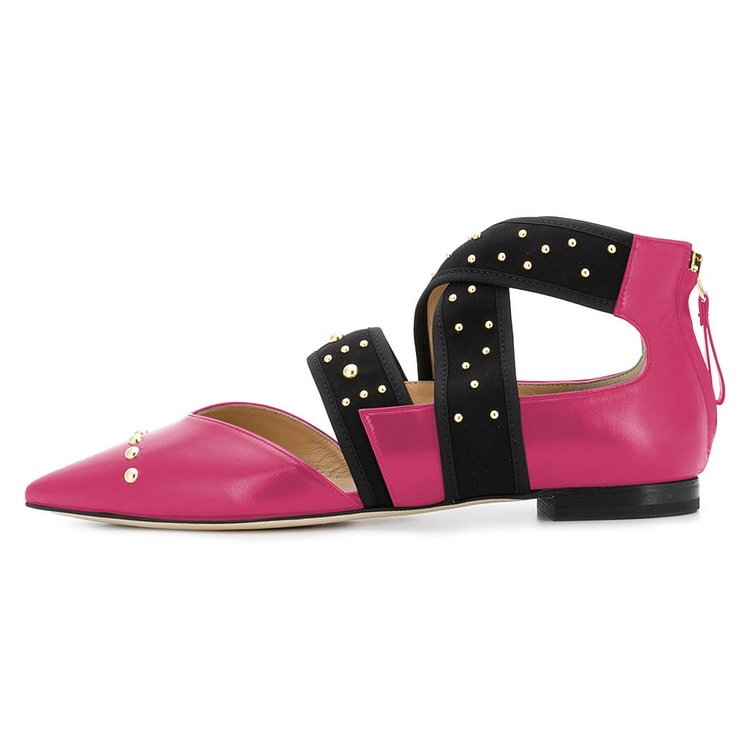 Hot Pink Pointy Toe Comfortable Flats Cross Strap Studs Shoes |FSJ Shoes