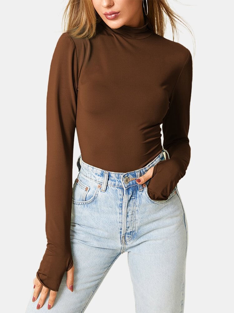 Women Solid Color Long Sleeve High Neck Casual T-Shirt