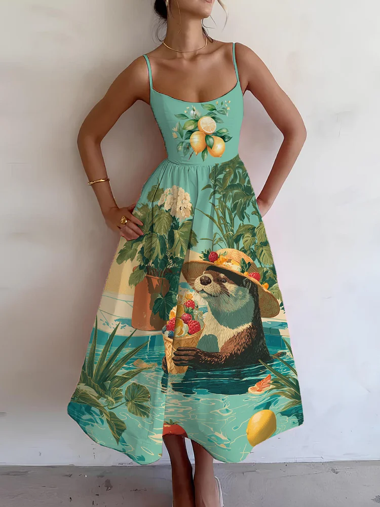 Women's Leisure Otter Eating Ice Cream In A Pool Art Print Cami Midi Dress