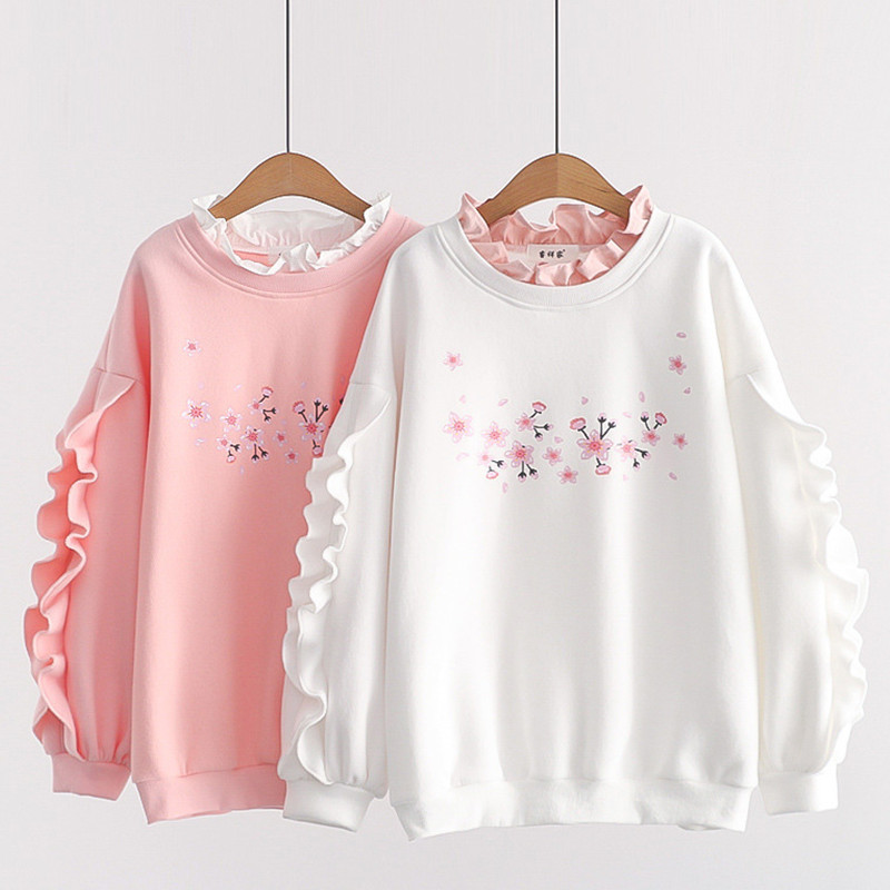 Blossom Print Round Collar Flouncing Sweatshirt