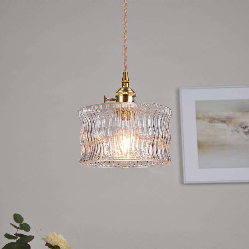 Traditional Vintage Round Cylinder Willow Glass Brass 1-Light Pendant Light For Living Room