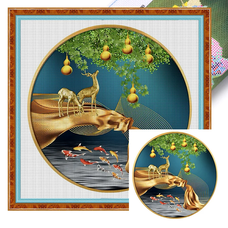 Five Blessings (Nine Fishes And Lucky Deer) (60*60cm) 11CT Stamped Cross Stitch gbfke