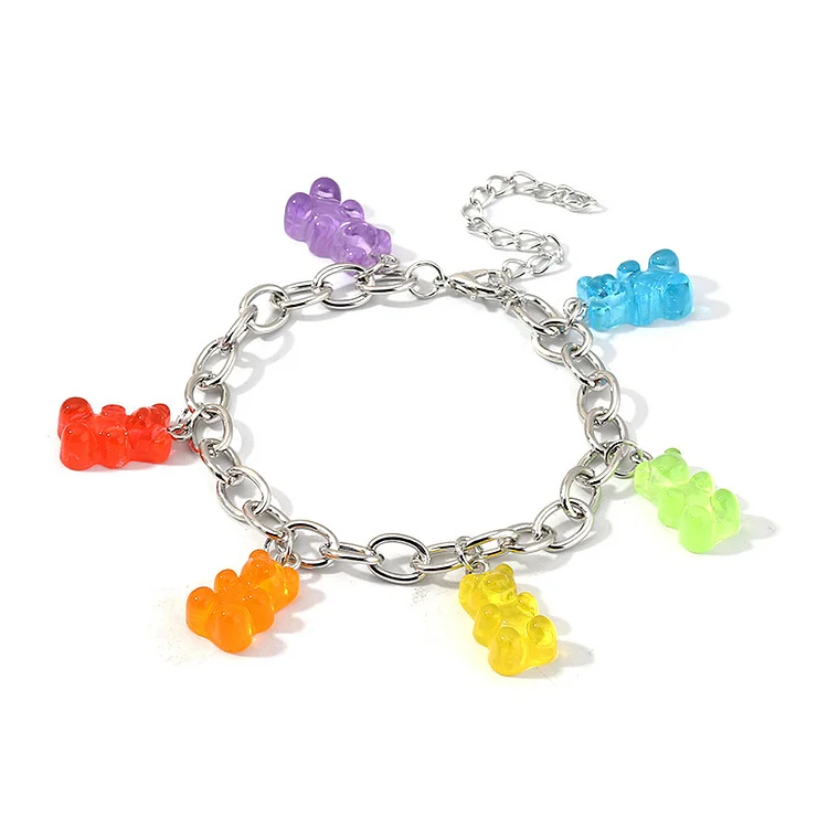 Bz1150 Ornament Sweet Candy-Colored Bear Pendant Bracelet Silver Thick Chain Bracelet