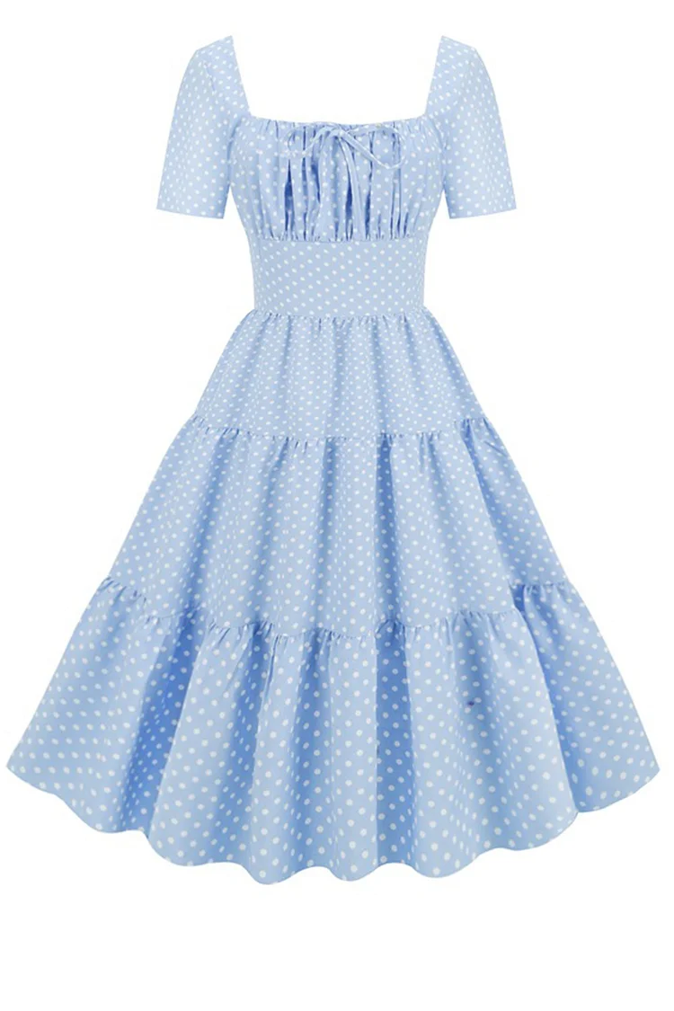 1950s Blue Casual Polka Dot Square Neck Short Sleeve A-line Swing Midi Dress