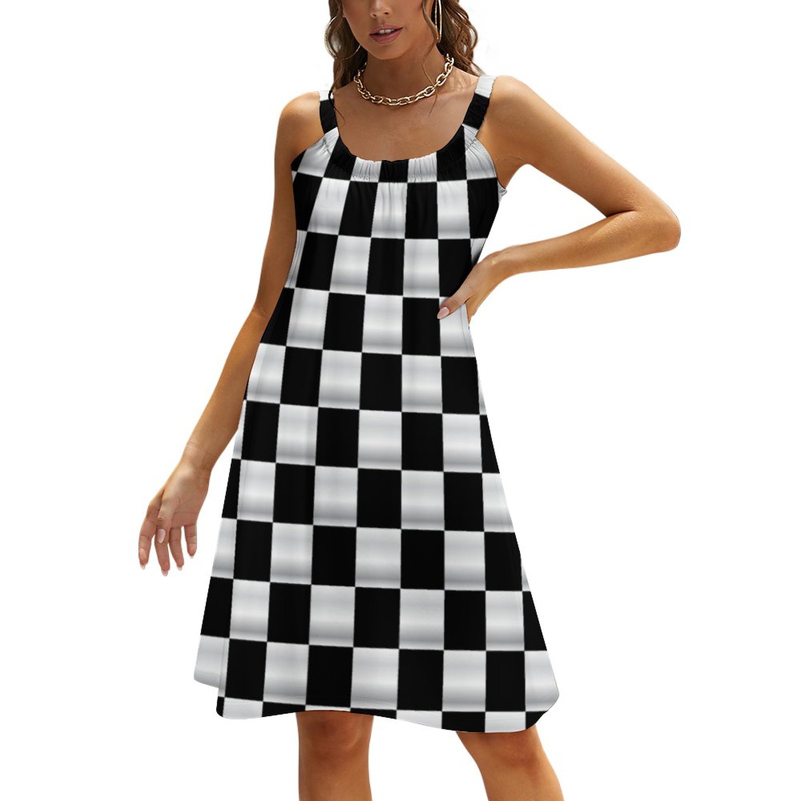 Simple Checkered Flag Black And White Summer Hawaiian Beach Retro Dresses Casual Sling Sleeveless Printed Knee Length Dress Black & White-5XL