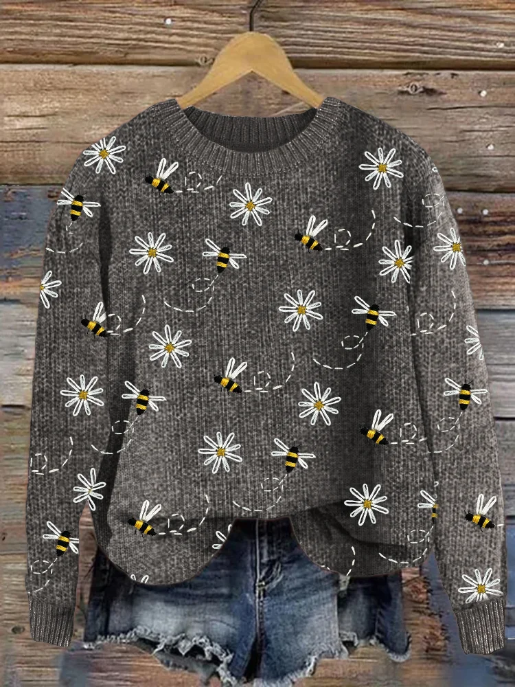 Flying Bees Floral Embroidery Pattern Cozy Knit Sweater