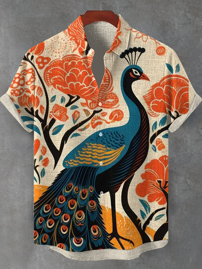 Men's Peacock Vintage Floral Art Print Shirt