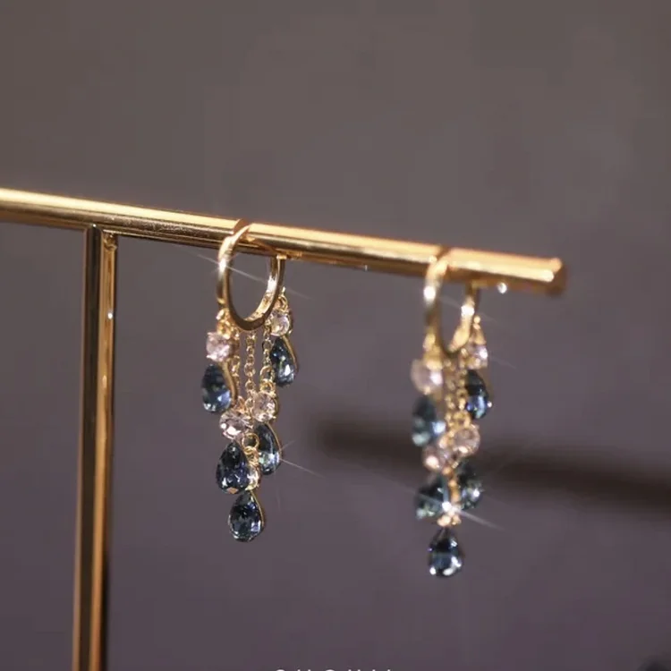 Blue crystal tassel earrings