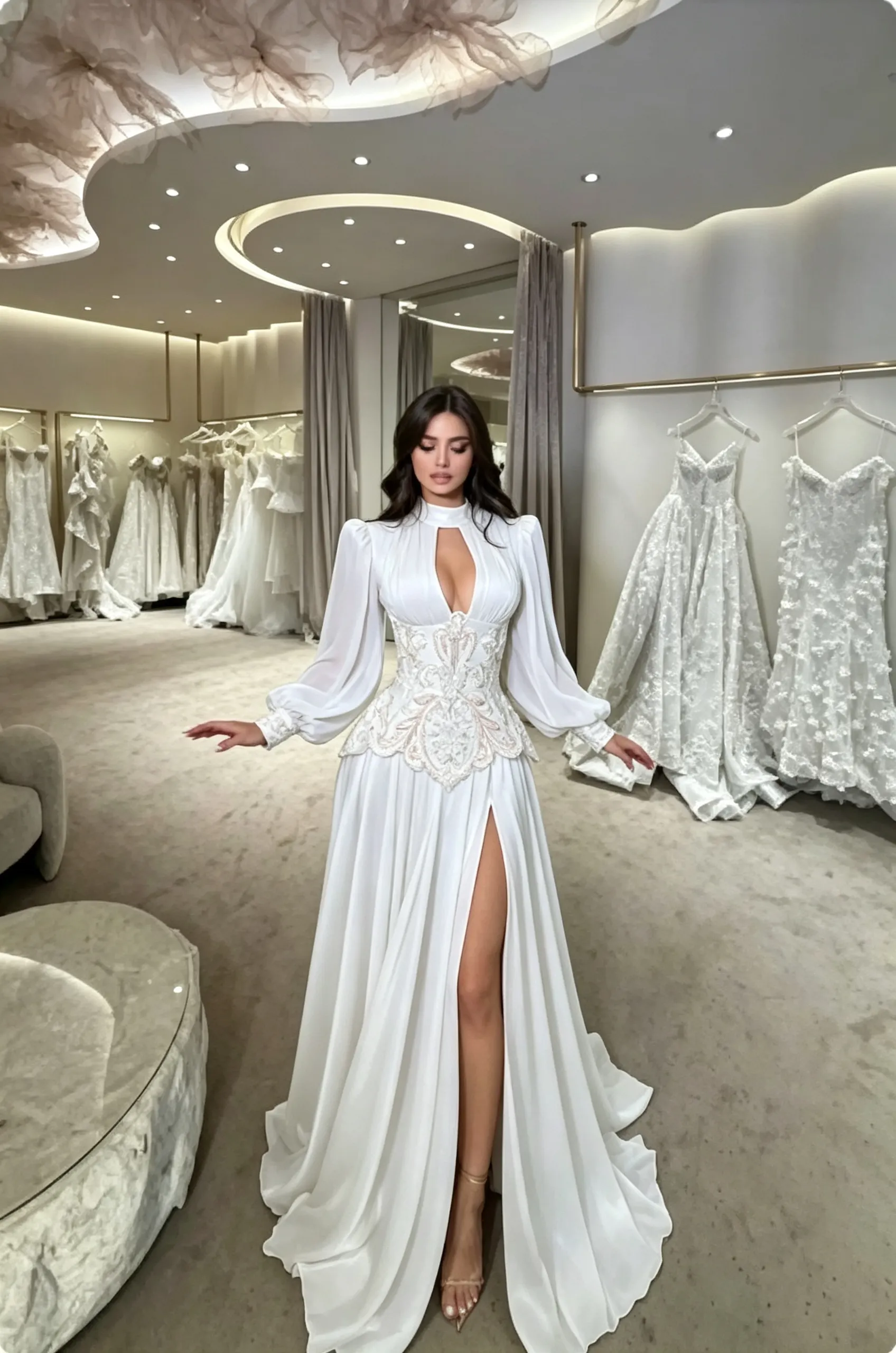 Daisda Elegant Black High Neck Embroidery Long Sleeves Prom Dress With Split