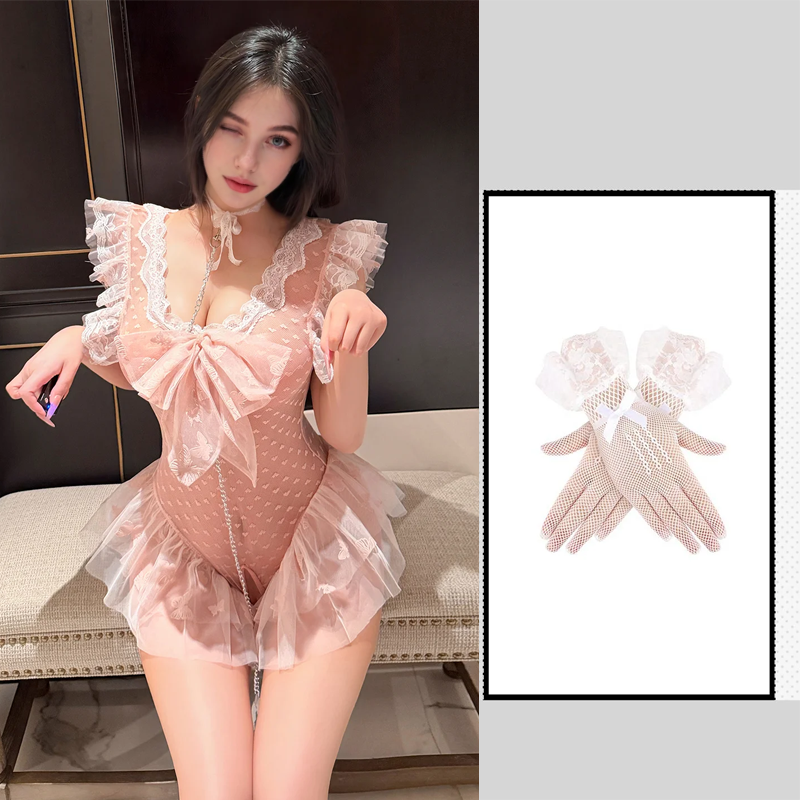 Lovingerie - Hand Holding Rope Dot Sexy See-through Open Crotch Sexy Lingerie Set