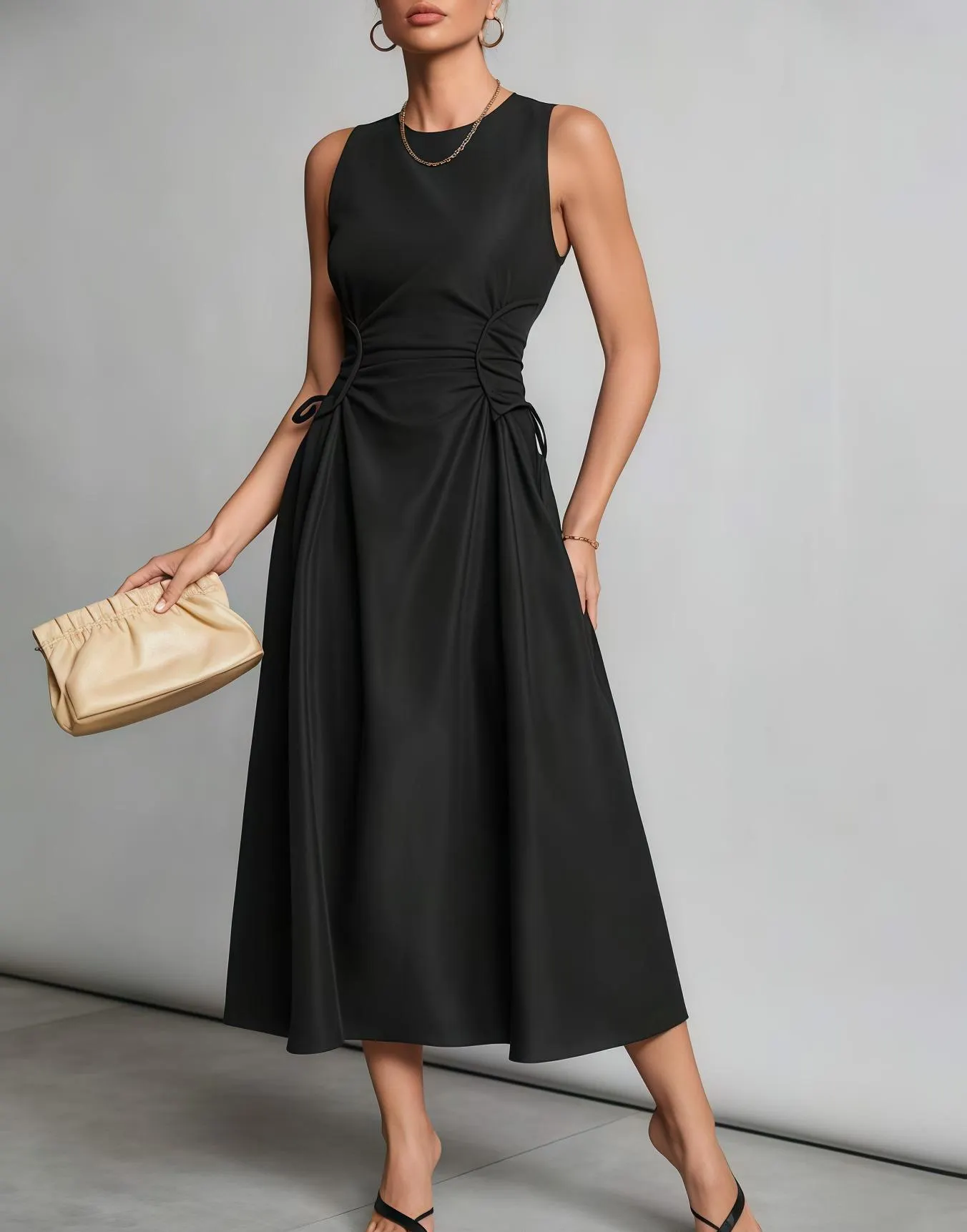 Women's Black Sleeveless Tie Waist Midi Dress | 168DEAL