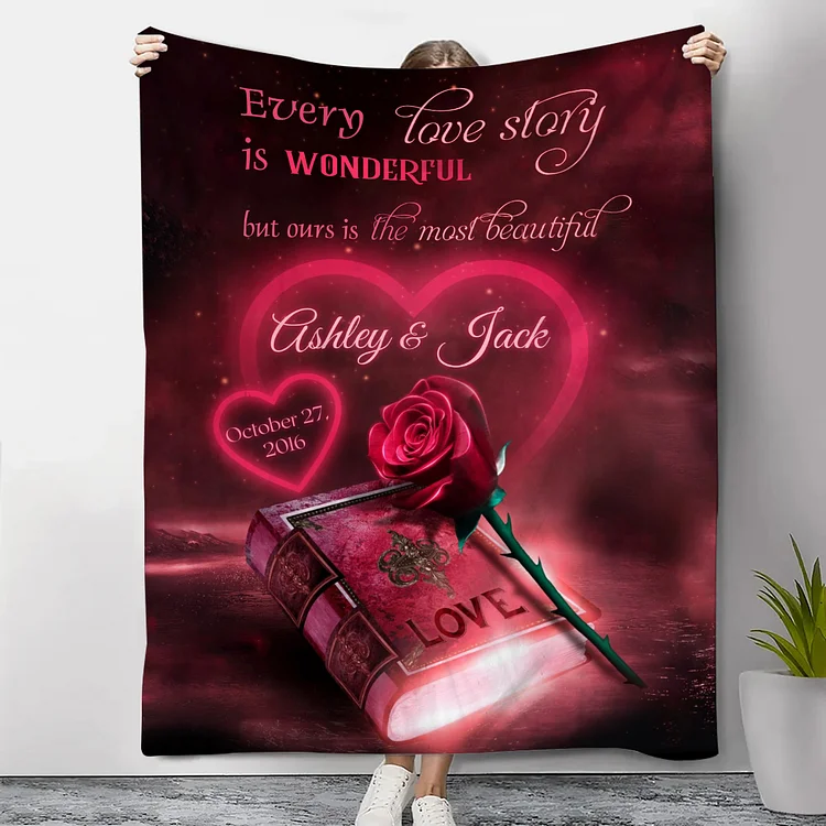 Personalized Couple Blanket Customized 2 Names & Date Blanket Rose Valentine's Day Anniversary Gift for Couples