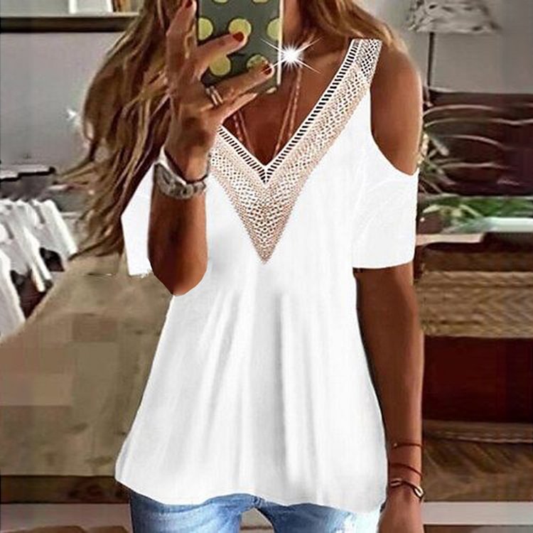 VChics Patchwork Lace Off Shoulder Comfy Shirt