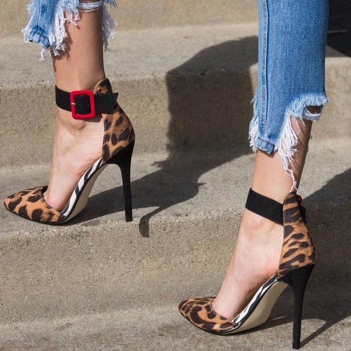 Leopard Print Heels Pointy Toe Ankle Strap Stiletto Heel Pumps |FSJ Shoes image 1