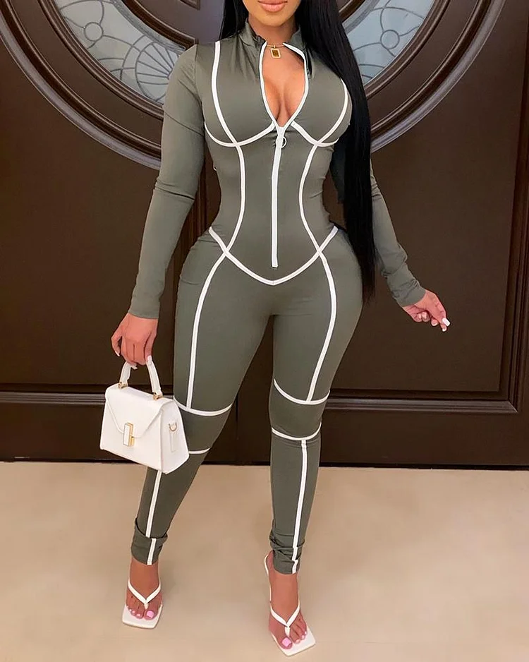 Colorblock Zipper Design Long Sleeve Jumpsuit P11005