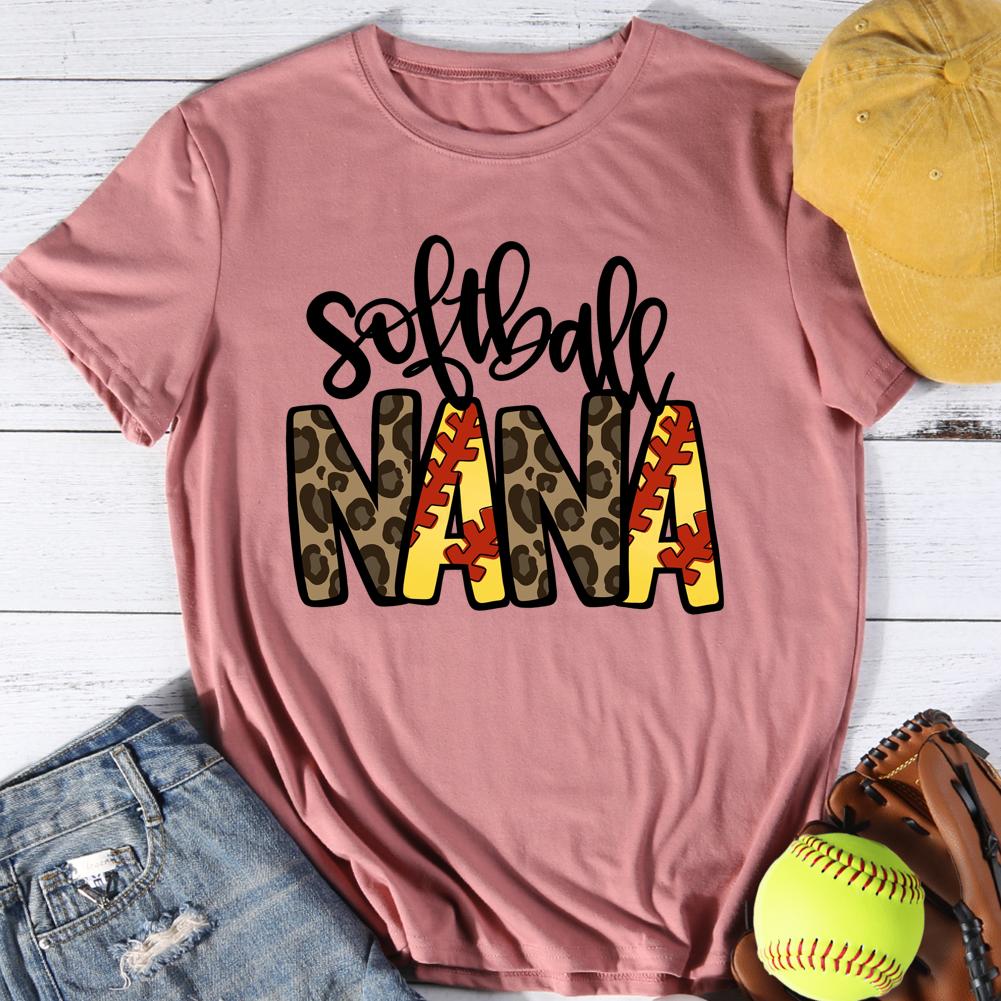 Softball Nana Leopard Round Neck T-shirt-Guru-buzz