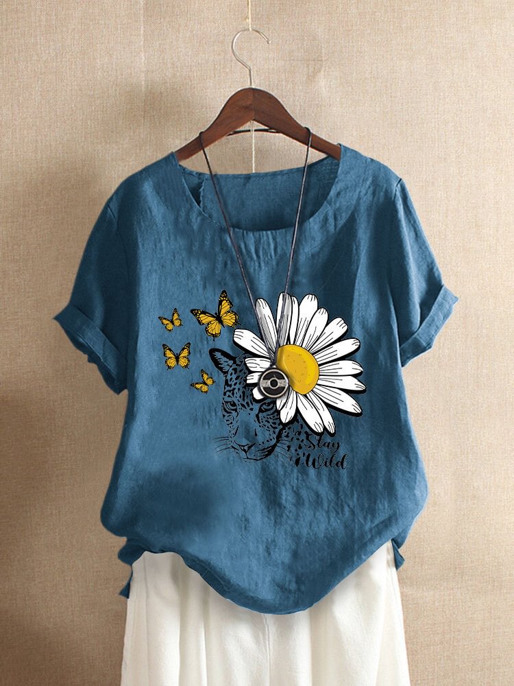 Daisy Tiger Butterflies O neck Print Short Sleeve Women Casual T Shirt P1846934