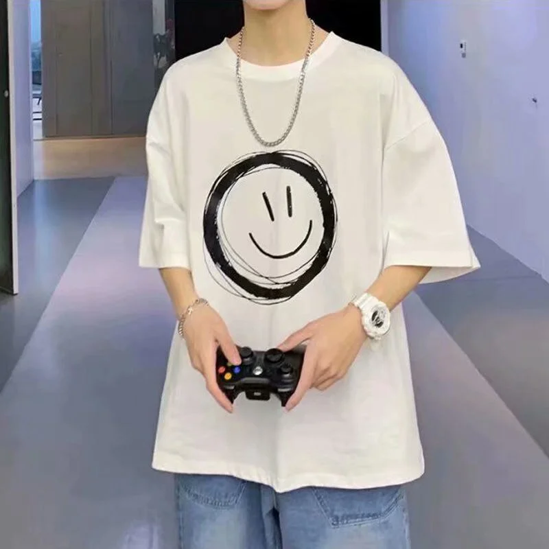 Aonga  Spring Summer Smiley Face Print T-Shirt Fresh Simple Style Fashion Street Crew Neck Clothes Hip Hop Harajuku Couples Streetwear
