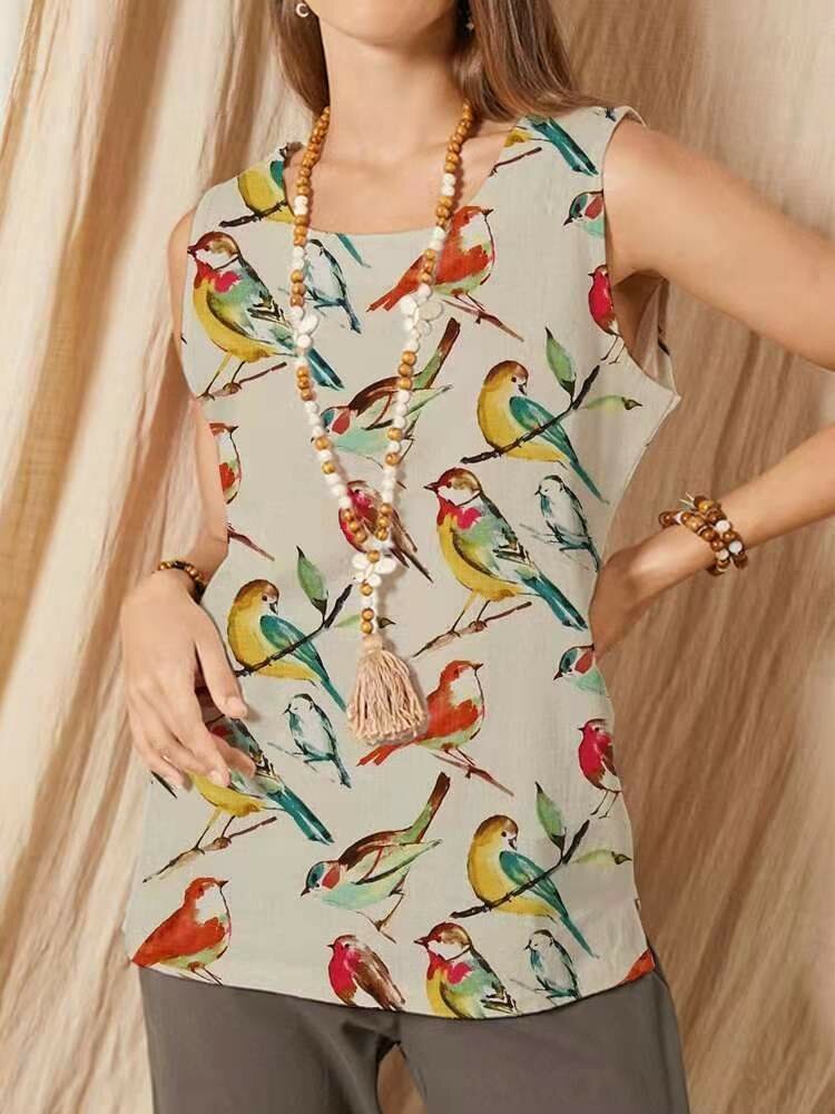 Women Animal Birds Print O neck Sleeveless Vintage Tank Top P1845089