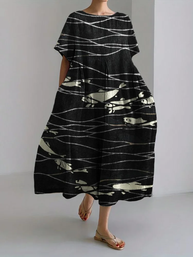 Comstylish Cluster of Fish Sea Waves Japanese Lino Art Linen Blend Maxi Dress