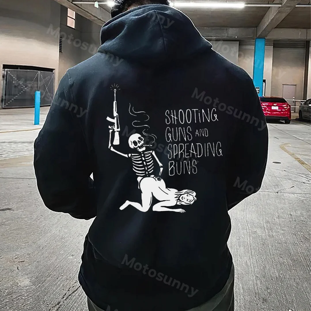 SHOOTING GUNS AND SPREADING BUNS Skull with Sexy Lady Black Print Hoodie