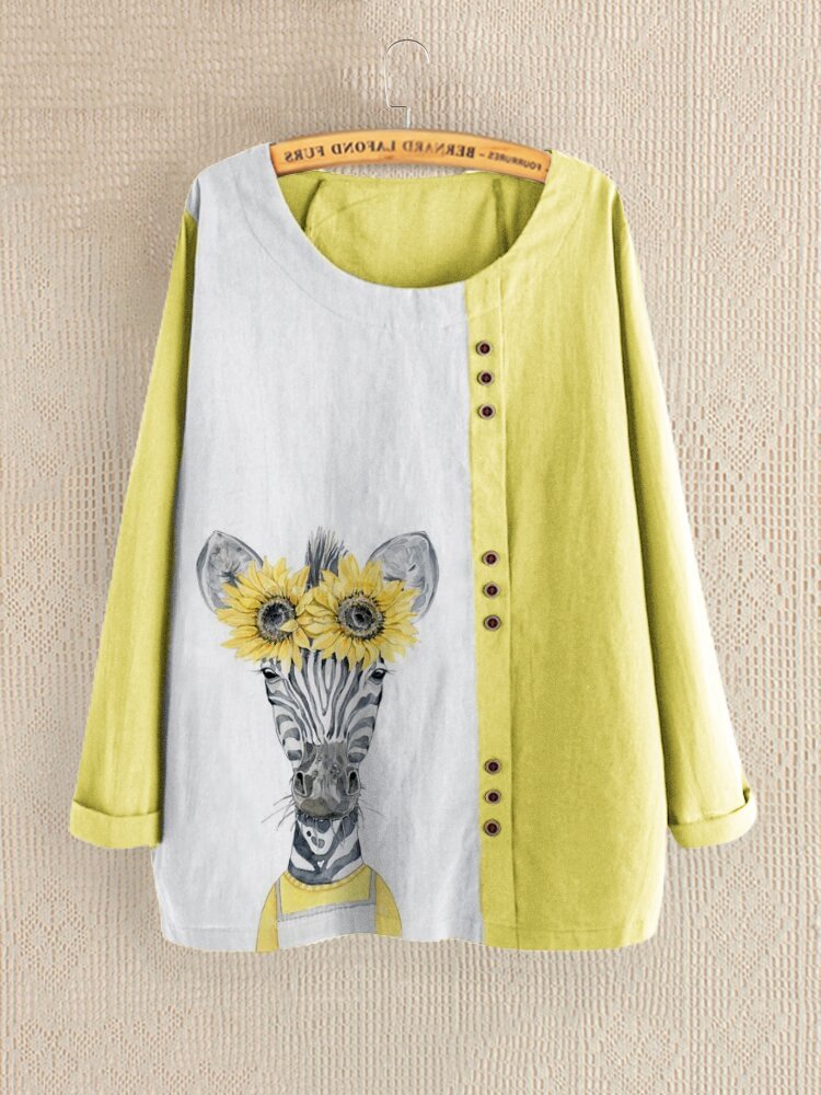 Women Cartoon Animal Calico Print O neck Long Sleeve Casual Blouse P1798953