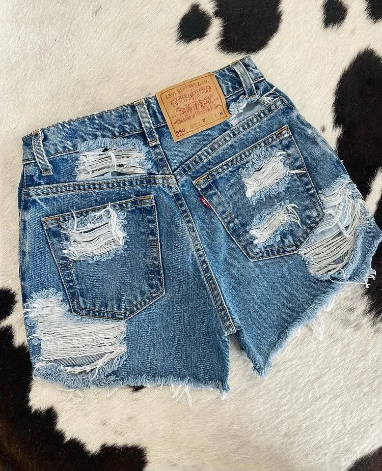 Retro Washed High Waist Ripped Denim Shorts - Four Colors