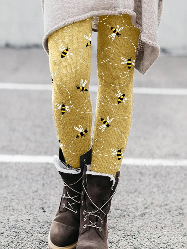 Comstylish Flying Bees Embroidery Pattern Cozy Leggings