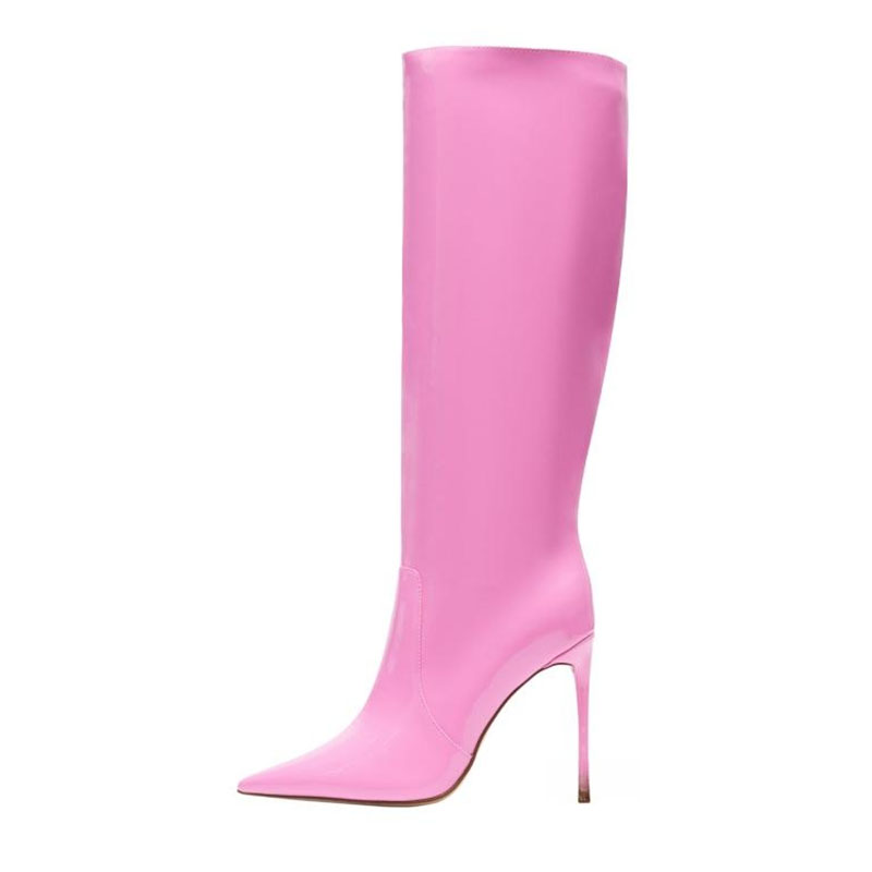 VCSHOES Knee High Boots Patent Leather Pointed Toe Super High Heel Patchwork Modern Boots