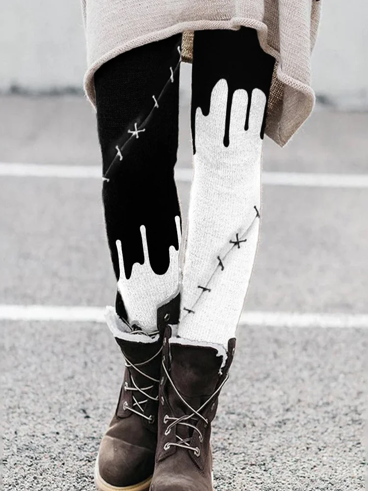 Vefave Halloween Bloody Stitch Inspired Contrast Leggings
